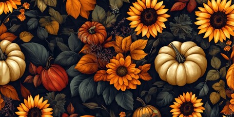 Lovely hand drawn Thanksgiving seamless pattern with pumpkins and sunflowers, great