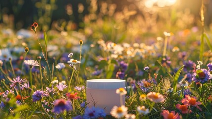 4. Clean and simple product display podium in a beautiful summer flower field, with a meadow backdrop full of vibrant, blooming flowers, ideal for highlighting beauty skincare cosmetics in an organic
