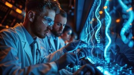 A team of researchers deeply engaged in data analysis on an innovative digital screen filled with molecular structures, depicting the intersection of science and technology in modern research.