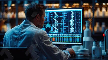 A scientist is intensely focused on analyzing DNA sequences displayed on a computer screen, symbolizing cutting-edge research and technological advancements in genetic science.