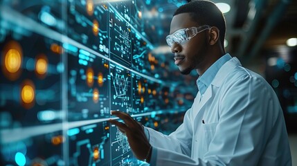 A technician using a digital touch interface in a futuristic laboratory to analyze complex data, showcasing the interaction between human expertise and advanced technology.