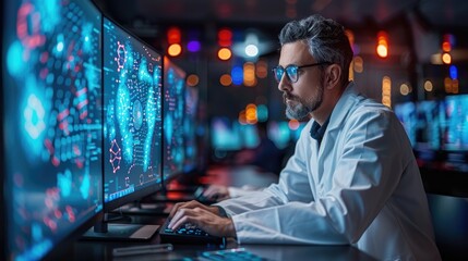 A skilled professional reviewing intricate data patterns on a computer in a futuristic laboratory, reflecting the detailed analysis and technology used in scientific research.