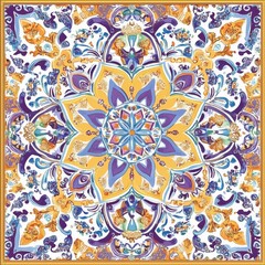 Ornate Floral Mandala in Vibrant Blue, Gold, and Purple