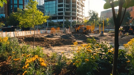 Construction Site with Yellow Flowers and a Digger
