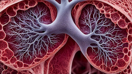 Macro shot of the alveoli in the lungs, displaying the delicate sacs and the surrounding blood vessels in high detail.
