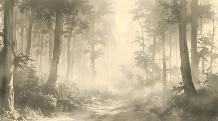 Obraz premium A pencil sketch of a foggy forest, with tall, ancient trees shrouded in mist, creating a mysterious and haunting atmosphere as the sunlight barely penetrates the dense foliage.