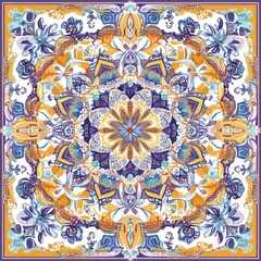 Ornate Floral Mandala in Vibrant Blue, Gold, and Purple