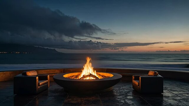 Video footage of  fire pit on a beach during twilight. The flames from the fire provide a warm contrast to the cool tones of the evening sky and ocean