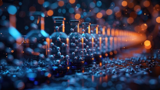 A visually striking row of chemical vials, each illuminated with glowing blue and orange light, showcasing abstract molecular structures in a futuristic and experimental setting.