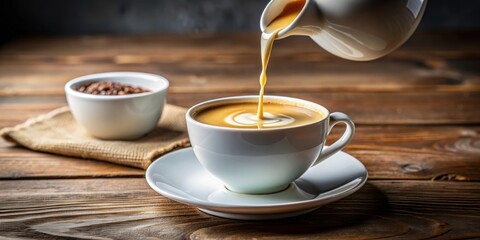 Cream being poured into a cup of coffee, coffee, cream, pouring, beverage, morning, breakfast, dairy, drink, latte, cappuccino