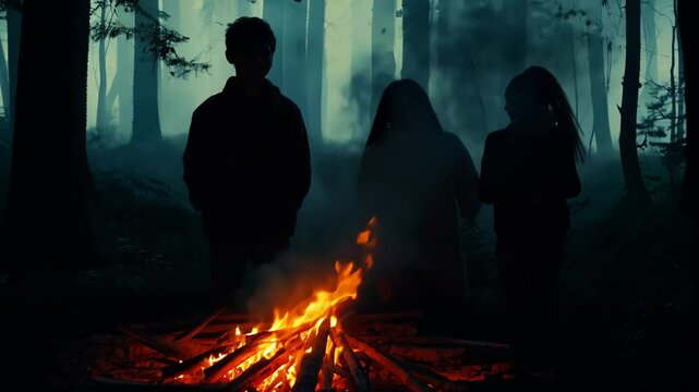 Three children sit near a warm campfire in a dark, mist-covered forest sharing spooky tales under tall trees