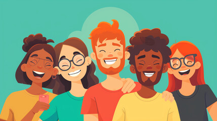 A group of friends taking a selfie, with big smiles and joyful expressions , Vector group of people smiling, minimalism