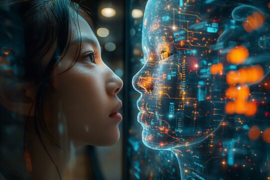 young woman and an AI face have an intriguing interaction, showcasing the advancement of technology and human-machine interaction. Concept of harmonious coexistence of humans and AI technology