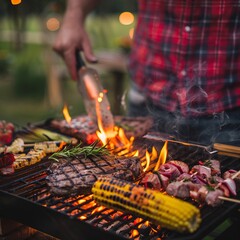 Naklejka premium 3. Person in red plaid shirt tending sizzling grill, assorted meats and vegetables on grill, flames visible through grates, steak with rosemary, corn on the cob, grilled vegetables, backyard setting