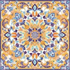 Ornate Floral Mandala in Vibrant Blue, Gold, and Purple