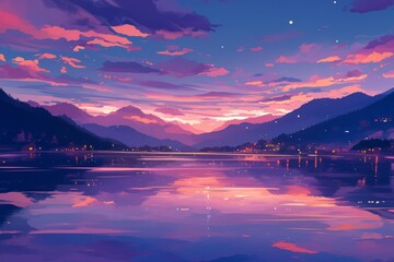 Fireflies dancing over a twilight lake. Cozy vibe, Generative AI 