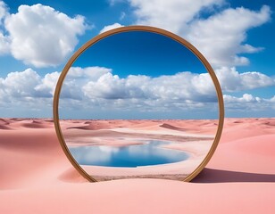 3d render. Abstract fantastic background. Surreal fantasy landscape. Pink desert with lake and geometric mirror under the blue sky with white clouds. Modern minimal wallpaper13