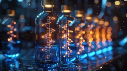 This image displays blue liquid DNA chains enclosed in glass bottles, brilliantly lit with yellow light, conveying themes of cutting-edge molecular science and dark lab aesthetics.