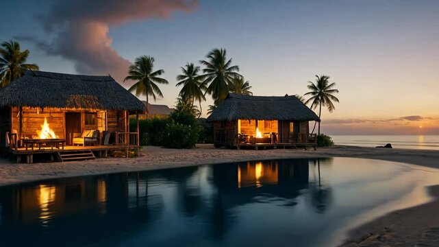 Video footage of  tranquil evening scene at a luxurious beachside resort,two illuminated thatched roof bungalows with lights on