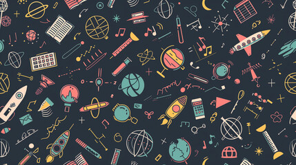 Colorful seamless pattern of science and space-related icons on a dark background