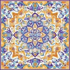 Ornate Floral Mandala in Vibrant Blue, Gold, and Purple