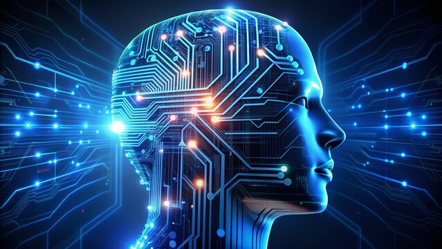A futuristic icon of a robot's head made up of glowing blue circuits and wires, symbolizing artificial intelligence and technological advancements in a sci-fi world.