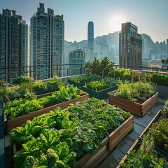 Fototapeta premium 4. Aerial view of urban rooftop garden, lush green vegetable plants, raised planter boxes, city skyline backdrop, diverse crops, sustainable agriculture, leafy greens, modern buildings, sunny day,