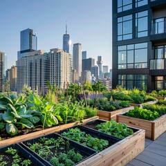Fototapeta premium 5. Urban rooftop garden with diverse crops, lush green vegetable plants, raised planter boxes, city skyline in background, sustainable agriculture, leafy greens, modern buildings, sunny day, clear