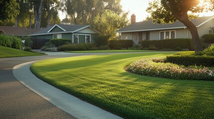 A serene suburban neighborhood with well-maintained lawns and houses, bathed in warm, late afternoon sunlight.