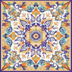 Ornate Floral Mandala in Vibrant Blue, Gold, and Purple
