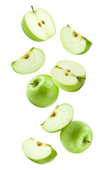 flying green apples with half of apples isolated on white background. clipping path
