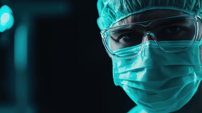 Close-Up Portrait of a Surgeon in Surgical Mask and Protective Glasses in Operating Room