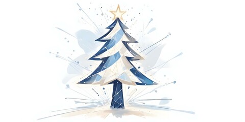 Minimalist blue Christmas tree with a star isolated on a white background