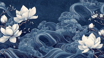 Elegant artwork featuring stylized magnolia flowers and dynamic ocean waves, rendered in classic indigo tones, perfect for print materials and decorative projects