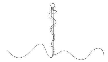 continuous line Caduceus symbol of health.one line drawing of Caduceus.snake wrapped around a stick single line.caduceus icon for medicine.isolated white background