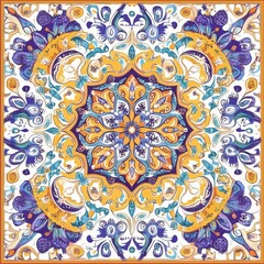 Ornate Floral Mandala in Vibrant Blue, Gold, and Purple