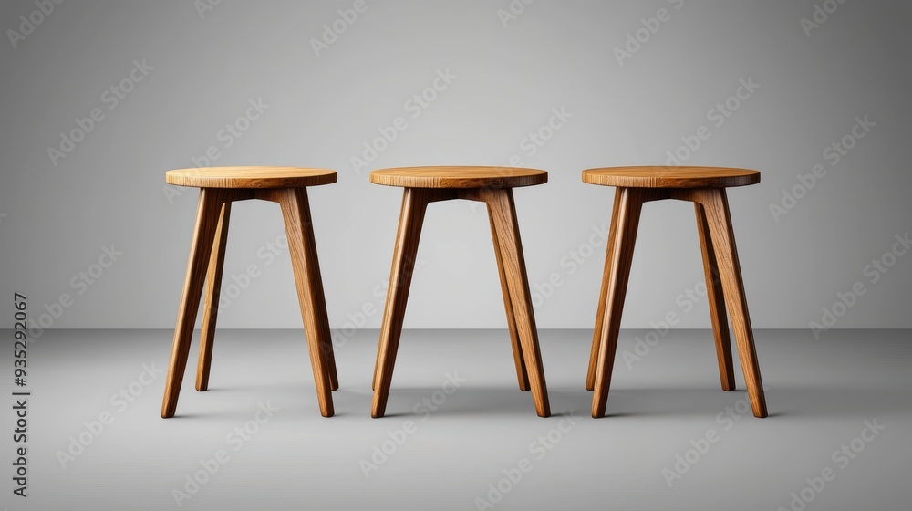 Poster minimalist wooden stools in studio lighting displaying simple design
