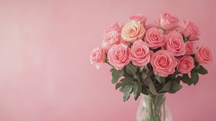 Obraz premium A bouquet of pink roses in a vase, with a pastel pink wall as the backdrop, creating a serene and feminine scene.