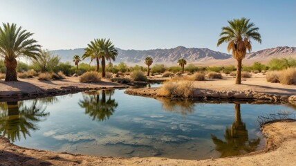 Desert oasis with palm trees and pond, transparent background 