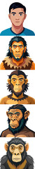 Stages of human evolution set on transparent background, male human development stages. Dryopithecus, HomoNeanderthalensis, Homoerectus, Homohabilis, homosapiens