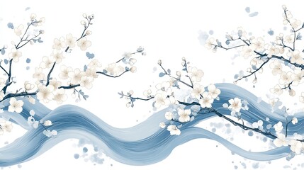 Serene floral and wave design with stylized cherry blossoms and soft blue waves, capturing the beauty of traditional Asian art in a modern context