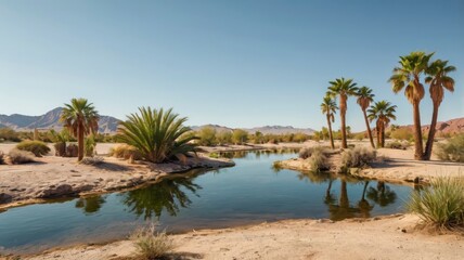 Obraz premium Desert oasis with pond and palm trees, transparent background