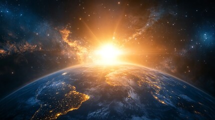 The globalization or communication concept visualizes the Earth illuminated by luminous rays, symbolizing the interconnectedness of our world. 