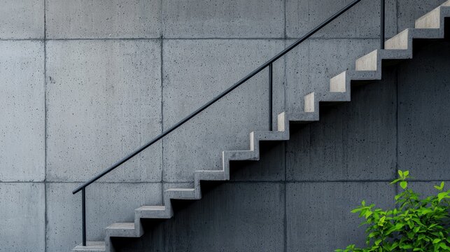 Abstract Concrete Staircase against Minimalist Gray Wall and Green Foliage