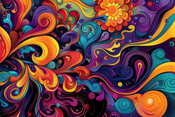 psychedelic - style illustration with vibrant colors, swirling patterns, and abstract shapes representing Thanksgiving themes