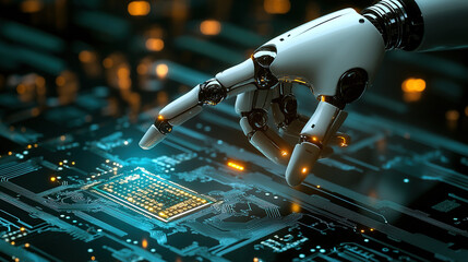 Artificial intelligence robot hand pointing to a digital technology background with a circuit board