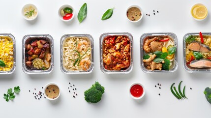 A variety of foil containers filled with colorful prepared dishes, including seafood, vegetables, and noodles, neatly arranged on a bright surface