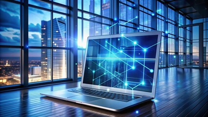 A futuristic laptop screen displaying multiple open windows and coding lines, showcasing a complex network of digital information and system architecture.