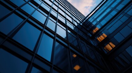 Modern Skyscraper Reflections Against the Skyline in Blue Glass Windows at Dusk