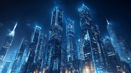 A nighttime view of a technologically advanced city showcases sleek, illuminated skyscrapers reaching into the dark sky.